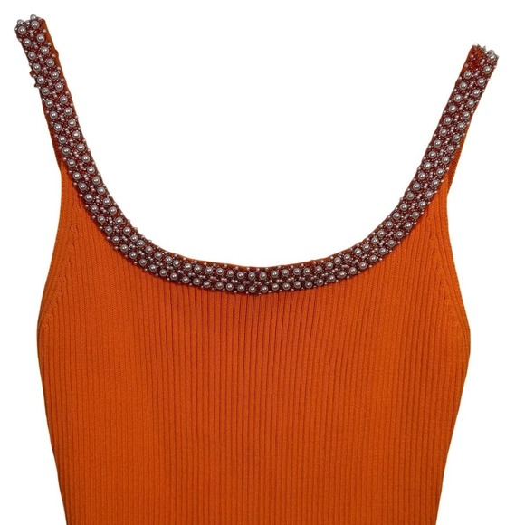 Zara Dresses & Skirts - Zara Large Mini Dress Ribbed Bodycon‎ Orange Embellished Low Back Party Cocktail